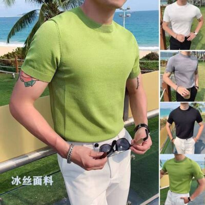 Áo len nam ngắn tay thu đông phiên bản Hàn Quốc cổ tròn mỏng dày màu trơn áo sơ mi dệt kim nửa tay bó sát nam 08