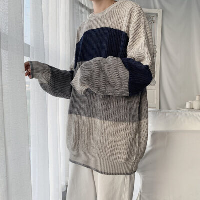 Mùa thu đông mới áo len nam cổ tròn dáng rộng phong cách Hàn Quốc hợp xu hướng phối màu áo len nam áo chui đầu áo khoác