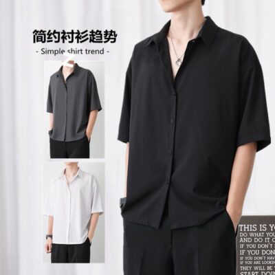Áo sơ mi nam màu đen mùa hè lỏng băng lụa ngắn tay năm phần tư tay áo sơ mi trắng inch thanh niên côn đồ đẹp trai nửa tay hợp thời trang
