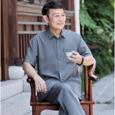 Áo sơ mi ngắn tay lụa băng dành cho nam giới trung niên và cao tuổi phù hợp với bố phù hợp với mùa hè phù hợp với ông nội lớn tuổi áo sơ mi nam mỏng mùa hè