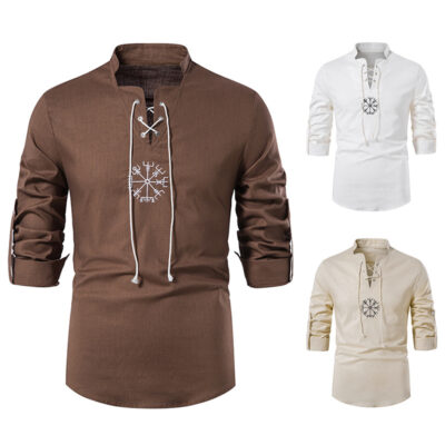 Mùa xuân và mùa thu 2023 áo sơ mi cotton và vải lanh nam thương mại nước ngoài mới Amazon kích thước châu Âu dài tay màu trơn dân tộc yoga hàng đầu nam