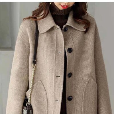 Mùa Thu Đông 2023 Mới Họa Tiết Xương Cá Áo Khoác Len Nữ Trung Dài Cao Cấp Rời Áo Khoác Cashmere Nữ