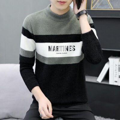 Mùa thu và mùa đông mới giả áo len lông cừu chồn nam cổ cao nửa đầu áo len dài tay dệt kim dày ấm áp đáy áo len áo len