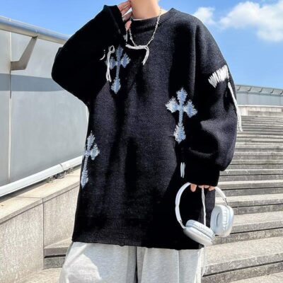 2022 thương hiệu thủy triều xu hướng quốc gia Áo len thêu chữ thập Su áo len oversize thu đông chiên đường phố một thế hệ
