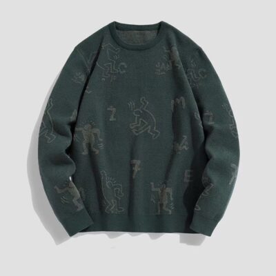 Áo len nam cổ tròn xu hướng mùa thu đông vui nhộn Áo len dệt kim dạ hoa cao cấp giản dị màu xanh đậm có đáy áo sơ mi