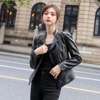 Áo khoác da dáng ngắn nữ phong cách Haining chiên đường phố thời trang xuân thu mới áo khoác da mới