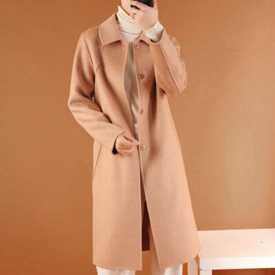 Áo khoác len hai mặt thời trang phong cách Hepburn nữ dài quá đầu gối áo khoác cashmere khí chất cổ búp bê mỏng vừa vặn