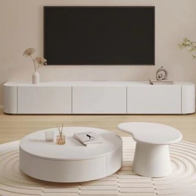 Phong cách kem Bắc Âu tủ tivi cao từ trần đến sàn kết hợp bàn cà phê hiện đại tối giản căn hộ nhỏ tủ tivi màu trắng gỗ nguyên khối