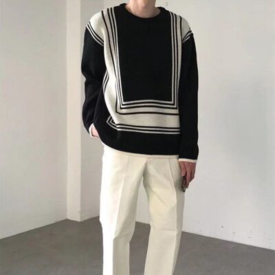Áo len dệt kim nam mùa thu đông phối màu đen trắng áo len dệt kim dày thiết kế hình học có đáy áo chui đầu áo len cổ tròn