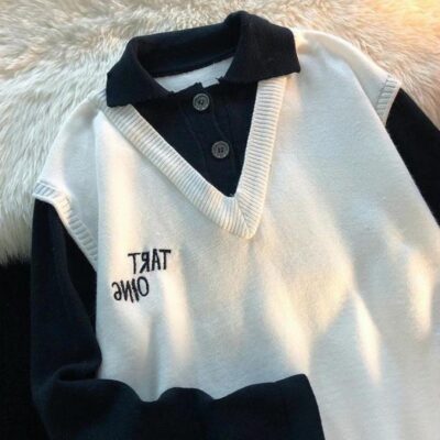 Áo len dệt kim hai mảnh giả mùa xuân và mùa thu áo len hai mảnh nam phong cách Hồng Kông phong cách đại học phong cách cặp đôi xu hướng nối đáy giản dị áo sơ mi