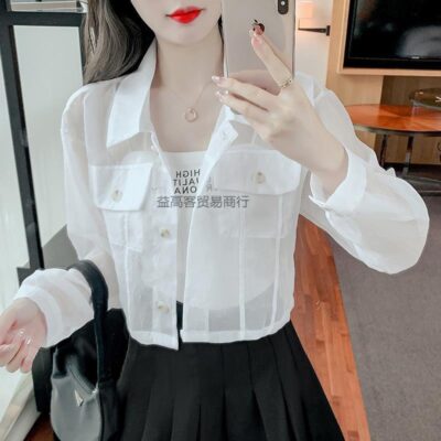 Organza Top Nữ Mùa Hè Mới Áo Khoác Áo Sơ Mi Chống Nắng Mỏng Phần Lưới Áo Khoác Cardigan Ngắn