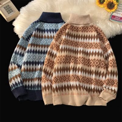 Trang phục cặp đôi mùa thu đông áo len phong cách dân tộc nam cổ tròn retro hoài cổ dệt hoa áo chui đầu dáng rộng áo len dệt kim dày cho nam và nữ