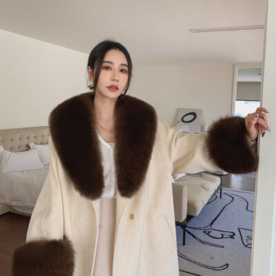 Con Cáo Cổ Lông Alpaca Alpaca 2 Mặt Áo Khoác Cashmere Nữ Trung Chiều Dài Hồ Sơ Áo Choàng Tắm Áo Khoác Len Nữ