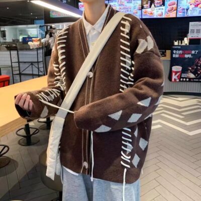 Nhật Bản Áo Len Cardigan Nam Thu Đông Gió Lười Màu Sắc Tương Phản Áo Len Dệt Kim Áo Khoác Cặp Đôi Phong Cách Retro Hồng Kông Cảm Giác Thiết Kế