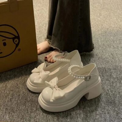Giày Mary Jane nữ mùa xuân 2023 thời trang mới nơ ngọt ngào dày gót cao gót mũi tròn phong cách retro