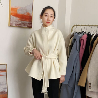 2022 Thu Đông Phối Dây Ngắn Rời Phối Len Phổ Biến 2 Mặt Cashmere Áo Khoác Ngắn