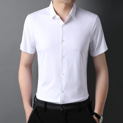Mùa hè 2023 áo sơ mi nam ngắn tay màu trơn ve áo rộng phần mỏng áo sơ mi nam hàn quốc trẻ trung và trung niên thay cho tóc