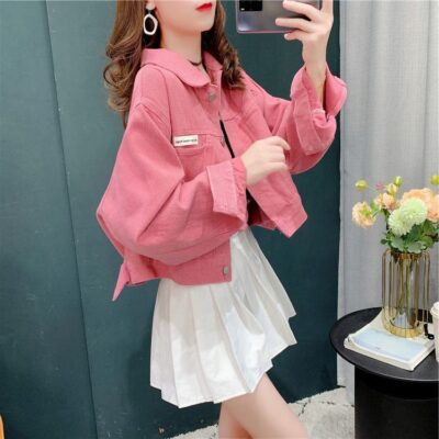 Áo khoác denim ngắn nhỏ nữ xuân thu 2023 phiên bản Hàn Quốc mới áo khoác đường phố dáng rộng có in triều