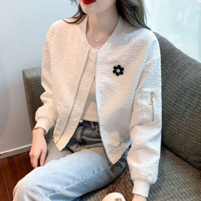 Mùa xuân và mùa thu 2023 dành cho nữ phiên bản Hàn Quốc mới đơn giản đi lại dài tay đồng phục bóng chày màu trơn áo khoác ngắn áo khoác ins