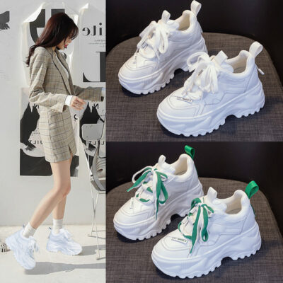 Giày Daddy nữ xu hướng mùa thu 2023 da mới thoáng khí thể thao đế dày bên trong tăng chiều cao giày nhỏ màu trắng size nhỏ 32