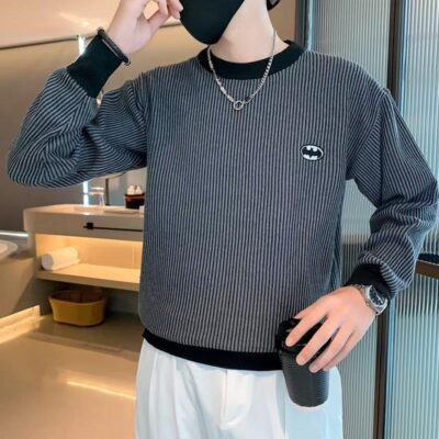 Phiên bản Hàn Quốc bóng chày mỏng cổ tròn áo sơ mi màu trơn phù hợp với áo len nam áo chui đầu mỏng phần áo len sọc dọc