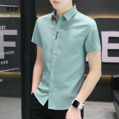 Senlu House mùa hè siêu mỏng ngắn tay áo sơ mi nam lụa băng nửa tay xu hướng áo sơ mi màu trơn trang phục chính thức áo sơ mi cổ vuông