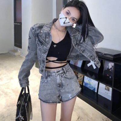 Điểm M SMFK chéo xe máy áo khoác denim Ju Jingyi cùng phong cách giặt thêu cũ áo khoác ngắn nữ mới
