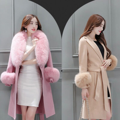 Áo khoác len nữ dáng dài phiên bản Hàn Quốc mùa đông mới mỏng buộc cổ lông lớn áo khoác len cổ lông có thể tháo rời