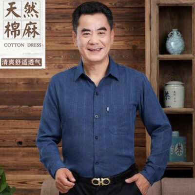 Áo sơ mi bố mùa xuân hè trung niên và cao tuổi cotton lanh dài tay nam mỏng rộng 50-60-70 tuổi mùa áo sơ mi không ủi
