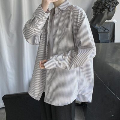 Áo sơ mi nam dài tay phù hợp với mùa xuân và mùa hè, áo khoác mỏng, phong cách Hồng Kông, xu hướng ins, áo sơ mi nam kẻ sọc rộng