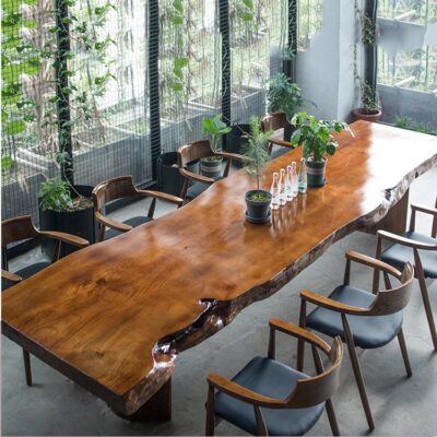 Bàn trà gỗ nguyên khối kiểu Trung Quốc mới với cạnh tự nhiên phiến gỗ pha trà Bàn ghế tiếp khách văn phòng Bàn trà Zen Kung Fu