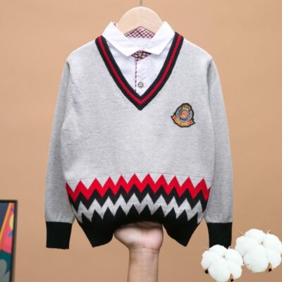 Áo len trẻ em trung niên trở lên màu đỏ mùa xuân thu đông mỏng quần áo trẻ em áo len cotton hai mảnh giả cho bé trai và trẻ em