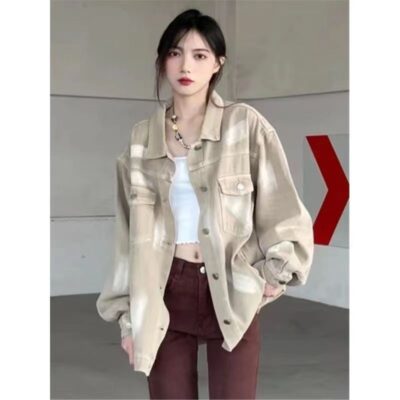 Mùa Thu 2023 Mới Phiên Bản Hàn Quốc Dáng Rộng Phong Cách Retro Đường Phố Hồng Kông Mỹ Áo Khoác Denim Áo Khoác Nữ Áo Ins Triều