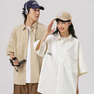 Hợp Thời Trang Nhật Bản Thương Hiệu Rời Cityboy Màu Ve Áo Ice Thêu Áo Khoác Dụng Cụ Cặp Đôi Áo Sơ Mi Nam Ngắn Tay