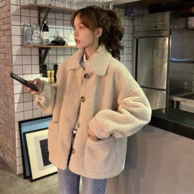 Mùa Thu Đông Thịt Cừu Sang Trọng Áo Len Nữ Dày Ấm Áo Khoác Cardigan Retro Hàn Quốc Rời Sinh Viên Phù Hợp Với Áo Khoác Ngắn