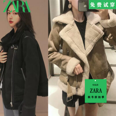 ZA mùa thu và mùa đông mới của phụ nữ da lộn dày áo khoác xe máy len lông cừu 6318232