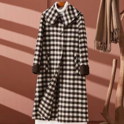Áo khoác cashmere 2 mặt nữ mùa thu đông búp bê mới cổ áo khoác len kẻ sọc phong cách retro Hàn Quốc cho nữ