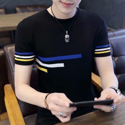 Mùa hè phong cách Hàn Quốc hợp thời trang thương hiệu nam lụa băng ngắn tay áo thun sọc cổ tròn nửa tay hợp màu thời trang hợp thời trang