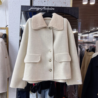 2023 mới 2 mặt áo khoác cashmere nữ ngắn dệt kim cổ rộng len áo khoác len nữ phong cách Hàn Quốc mùa thu đông