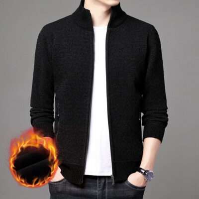 Mới Mùa Đông Nam Dệt Kim Phối Plus Nhung Dày Thường Ngày Một Dây Kéo Nhung Cổ Đứng Cardigan Áo Len Nam Bán Buôn