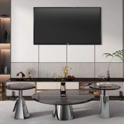 Bàn trà tròn bên một số nhà căn hộ nhỏ phòng khách bàn cà phê thép không gỉ màu trắng bạc bàn cà phê kính cường lực bàn góc