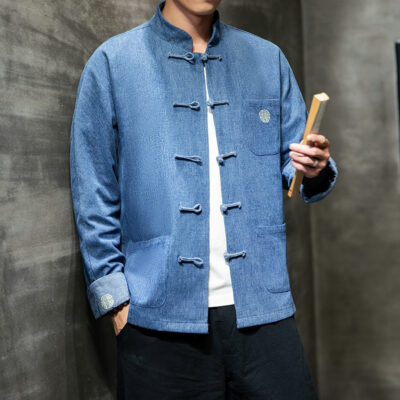 Gió Trung Quốc Mùa Xuân Nam Khóa Cổ Áo Khoác Áo Khoác Thanh Niên Size Lớn Dân Tộc Denim Thêu Áo Khoác Cao Cấp