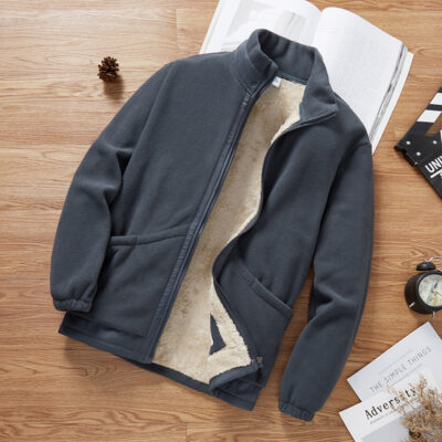 Lông Cừu Dày Nỉ Áo Khoác Nam Áo Len Màu Cổ Đứng Cardigan Khóa Kéo Đơn Giản 2 Mặt Áo Khoác Nỉ