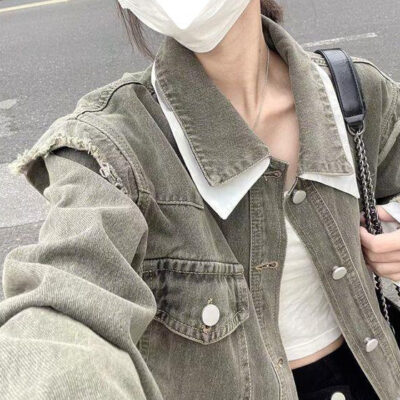 Xiaoxiang phong cách cổ điển áo khoác denim có ve áo của phụ nữ mùa xuân và mùa hè cảm giác thiết kế thích hợp áo khoác lỏng lẻo tất cả các trận đấu thủy triều hàng đầu