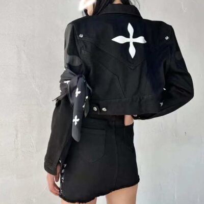 M SMFK hoa chéo xe máy áo khoác denim nữ áo khoác ngắn