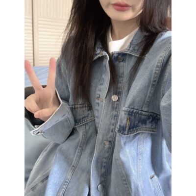 Áo khoác denim đã giặt sạch xuân thu si thiết kế cổ điển kiểu Mỹ áo khoác nữ phiên bản Hàn Quốc dáng rộng bán trực tiếp tại xưởng