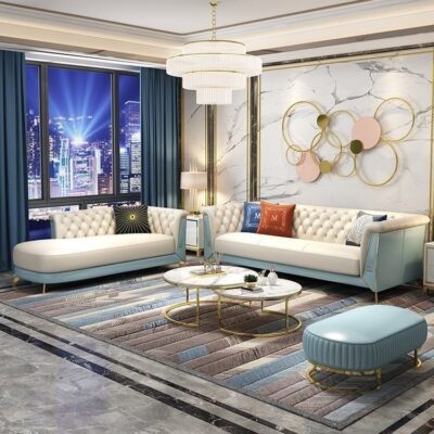 Ghế sofa sang trọng nhẹ kiểu Mỹ da bò lớp trên kích thước căn hộ 123 kết hợp ghế thẳng 4 chỗ hậu hiện đại