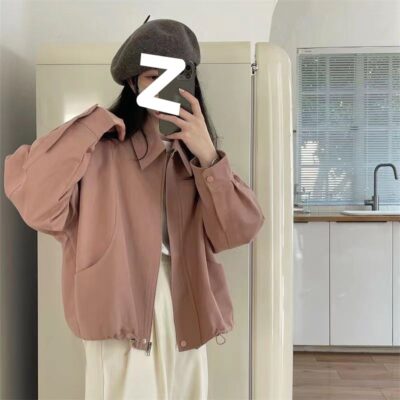 Áo Khoác Thường 2 Đầu Xuân Màu Mới Ve Áo Dáng Rộng Kẹp Ngắn Nữ Phong Cách Hàn Quốc Dáng Rộng Phối Dây Rút Áo Khoác Ngắn