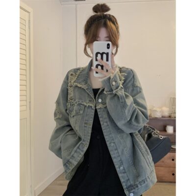 Mùa xuân và mùa thu phiên bản Hàn Quốc mới của phong cách Hồng Kông áo khoác denim dài tay xẻ tà kiểu Mỹ cổ điển cho nữ