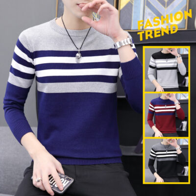 Áo Len Nam Mùa Đông 2022 Nam Mới Sọc Dài Tay Phối Màu Cổ Tròn Áo Len Lông Cừu Dày Dặn Phong Cách Hàn Quốc